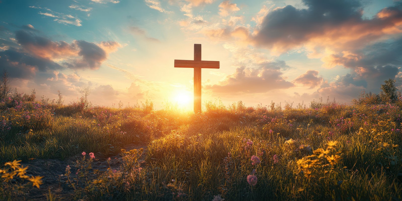 Cross standing in a vibrant landscape during sunset with colorful clouds and flowers around